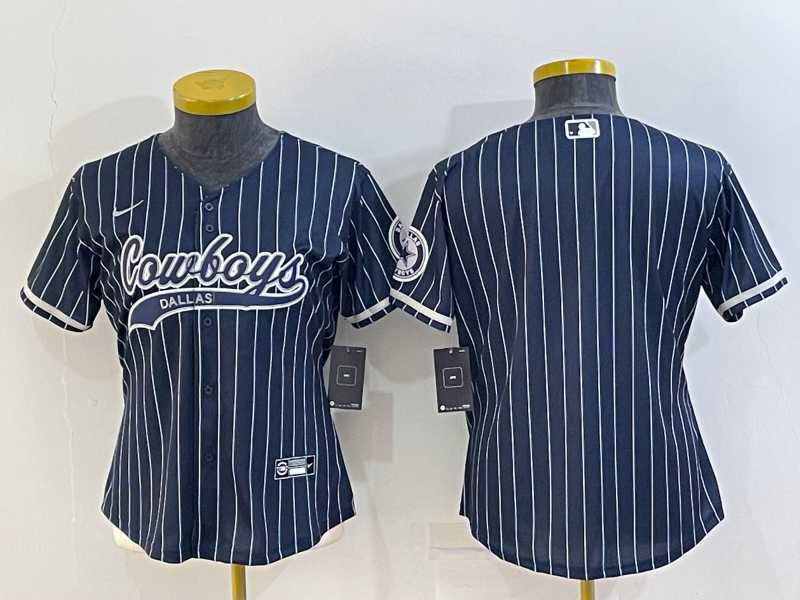 Women%27s Dallas Cowboys Blank Navy Blue Pinstripe With Patch Cool Base Stitched Baseball Jersey->women nfl jersey->Women Jersey